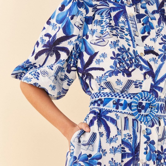 Farm Rio Off-white/Blue Floral Print Women's Mini Dress - Picture 6 of 12